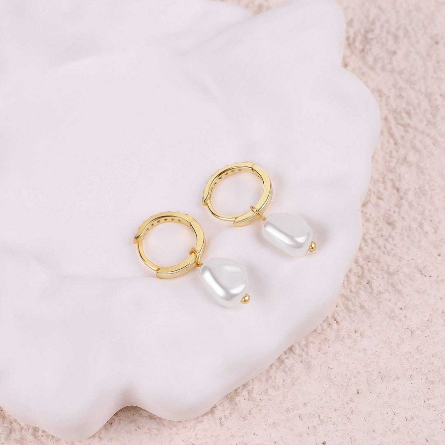 Earrings Coordonné | Freshwater Pearl Drop Pave Huggie Earrings 18K Gold Over Sterling Silver