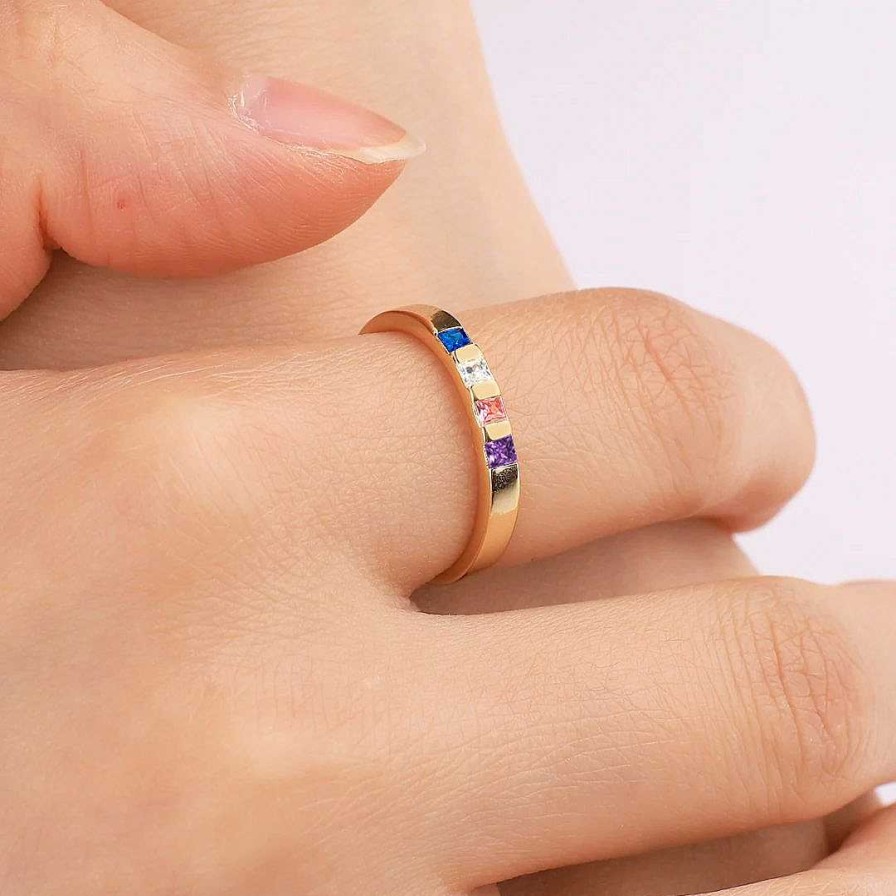 Rings Coordonné | Princess-Cut Birthstone Band Ring 18K Gold Over Sterling Silver