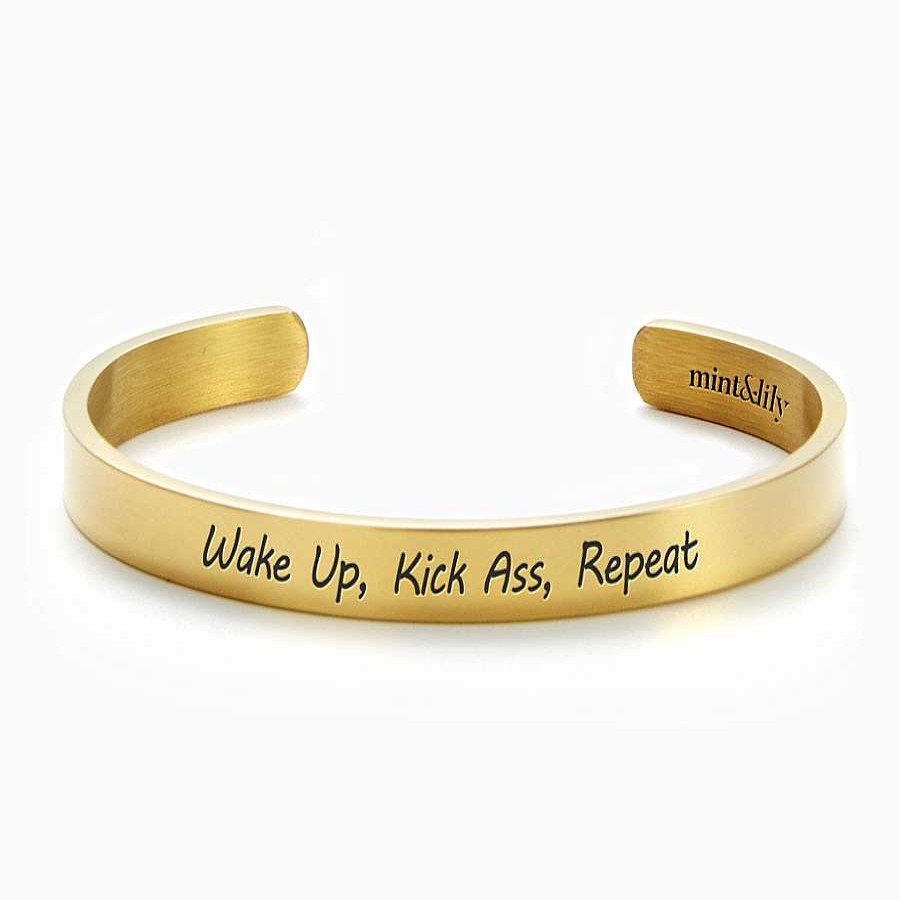 Bracelets & Anklets Coordonné | Wake Up Kick Ass Repeat Personalizable Cuff Bracelet 18K Gold Plated