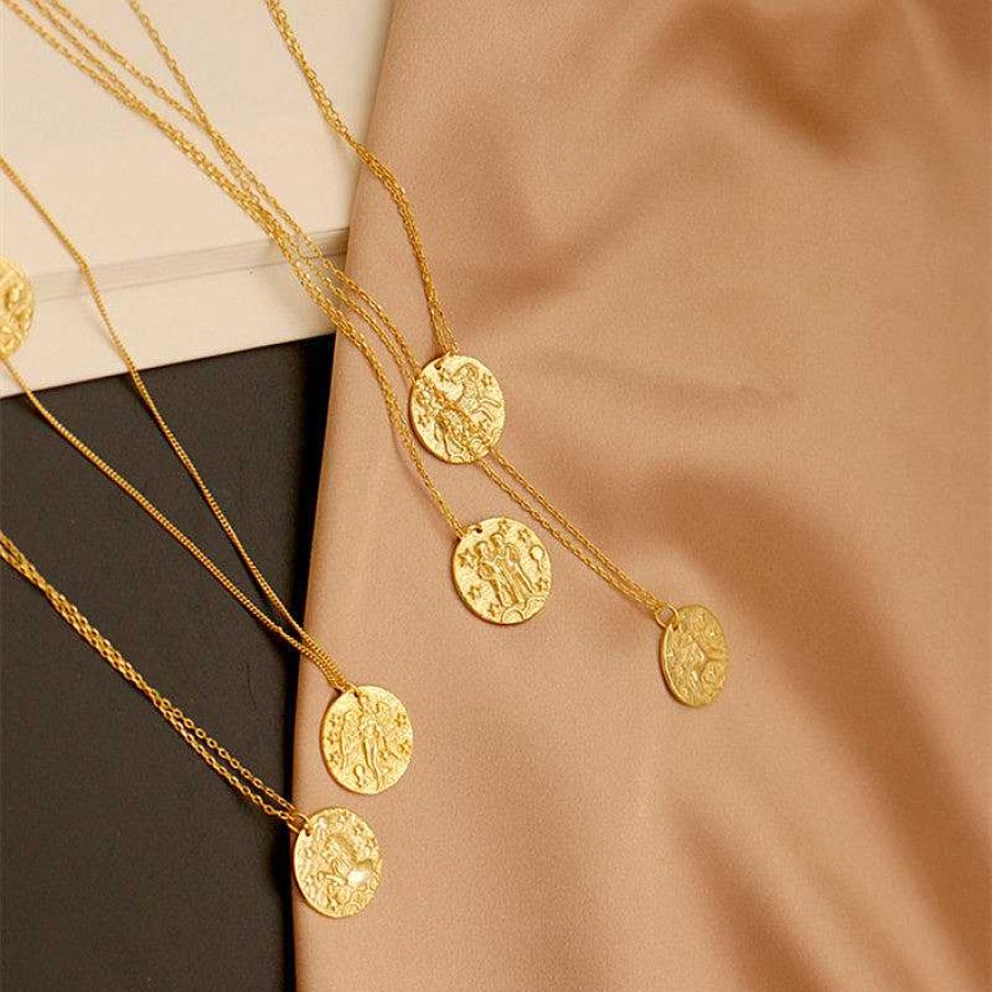 Necklaces Coordonné | Hammered Gold Zodiac Pendant Necklace