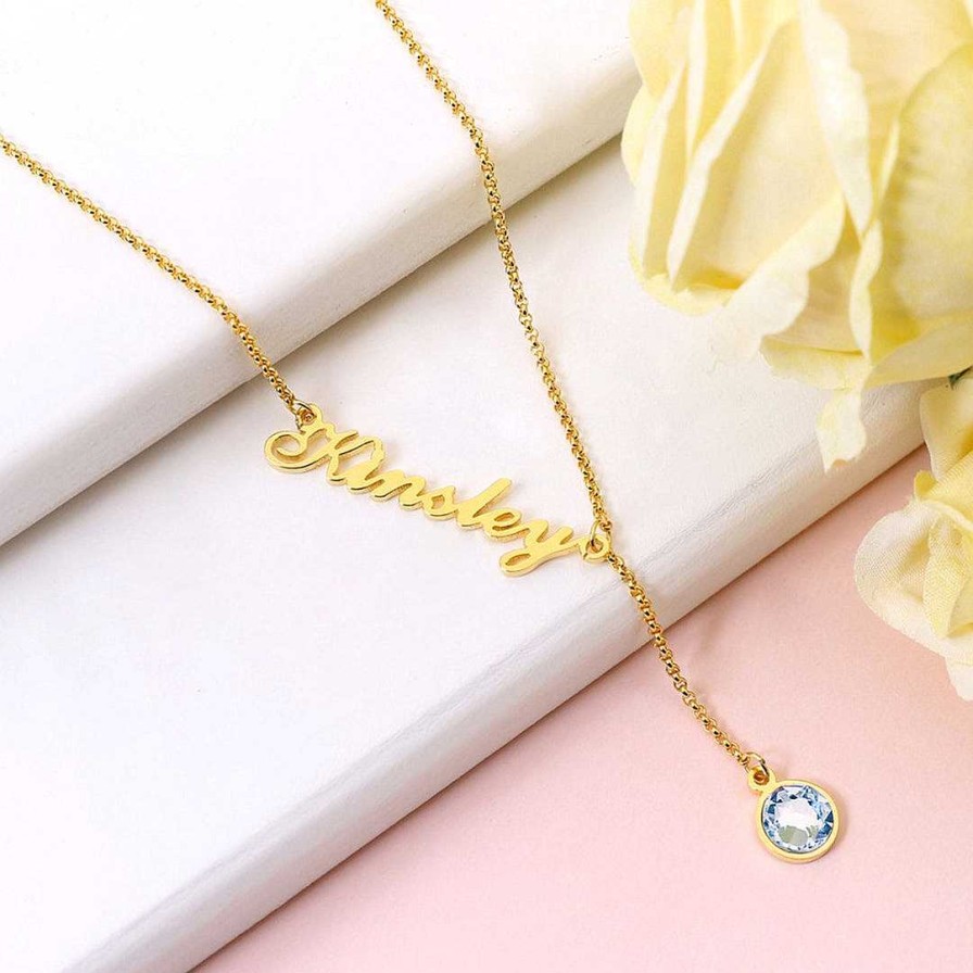 Necklaces Coordonné | Birthstone Lariat Name Necklace 18K Gold Plated