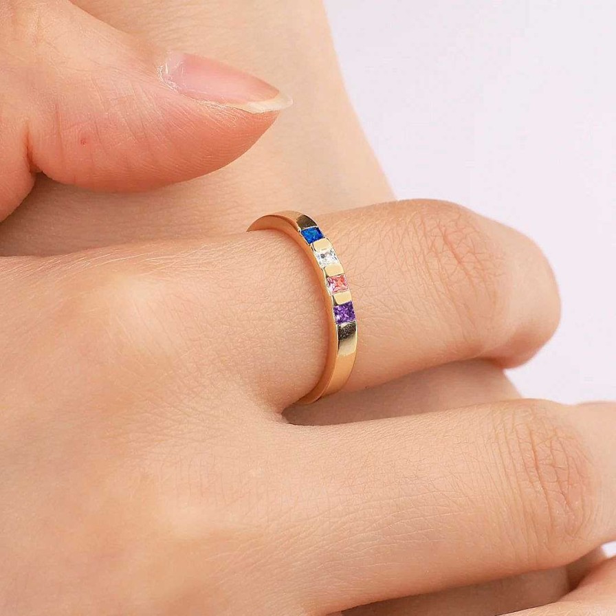 Rings Coordonné | Princess-Cut Birthstone Band Ring 18K Gold Over Sterling Silver