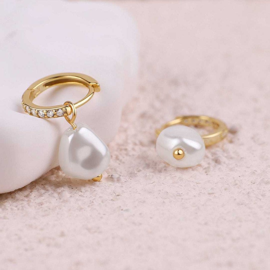 Earrings Coordonné | Freshwater Pearl Drop Pave Huggie Earrings 18K Gold Over Sterling Silver