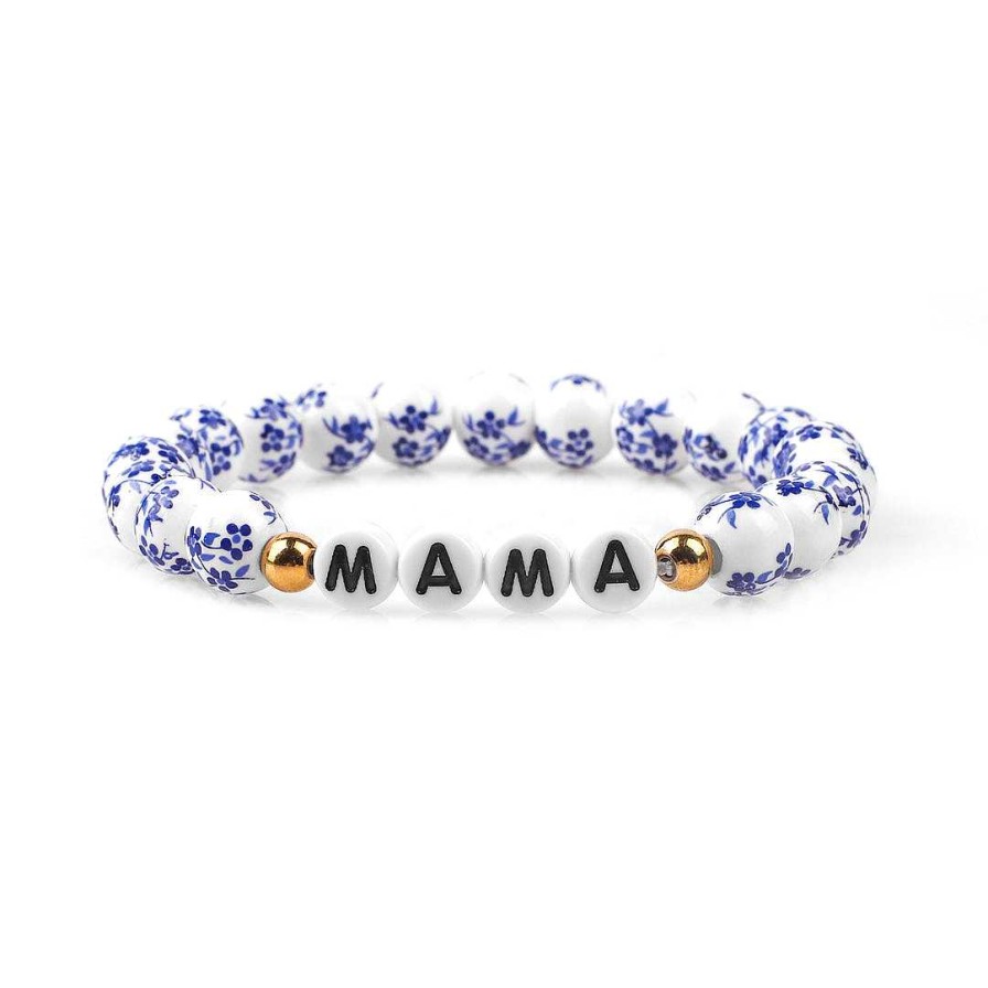 Bracelets & Anklets Coordonné | Custom Blue Porcelain Floral Beaded Name Bracelet Gold