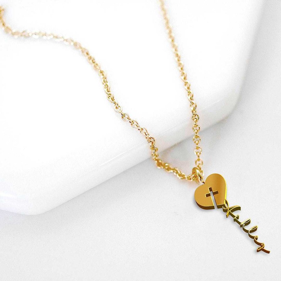 Necklaces Coordonné | Cross In Heart Name Necklace 18K Gold Plated