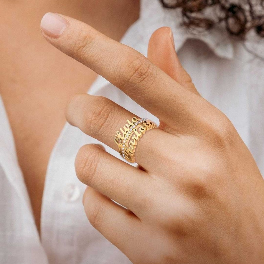 Rings Coordonné | Bejeweled Double Name Ring 18K Gold Plated